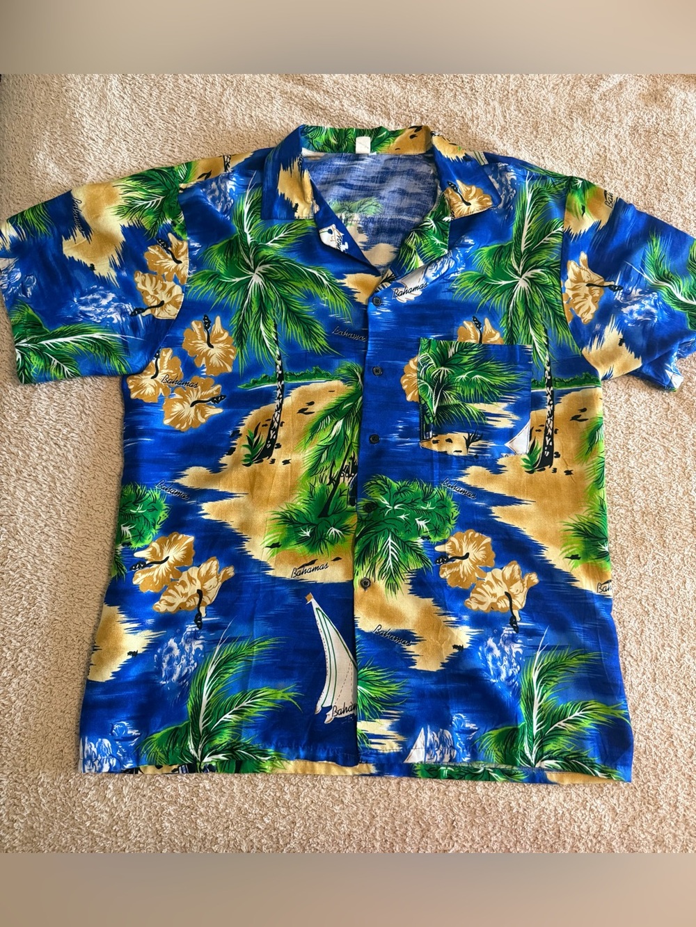 Vintage Bahamas Tropical Hawaiian Shirt XL Blue Rayon Palm Tree Sailboat Aloha